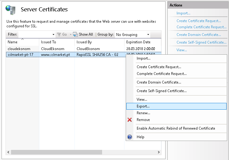 SSL sertifikato eksportavimas PFX formatu iš IIS